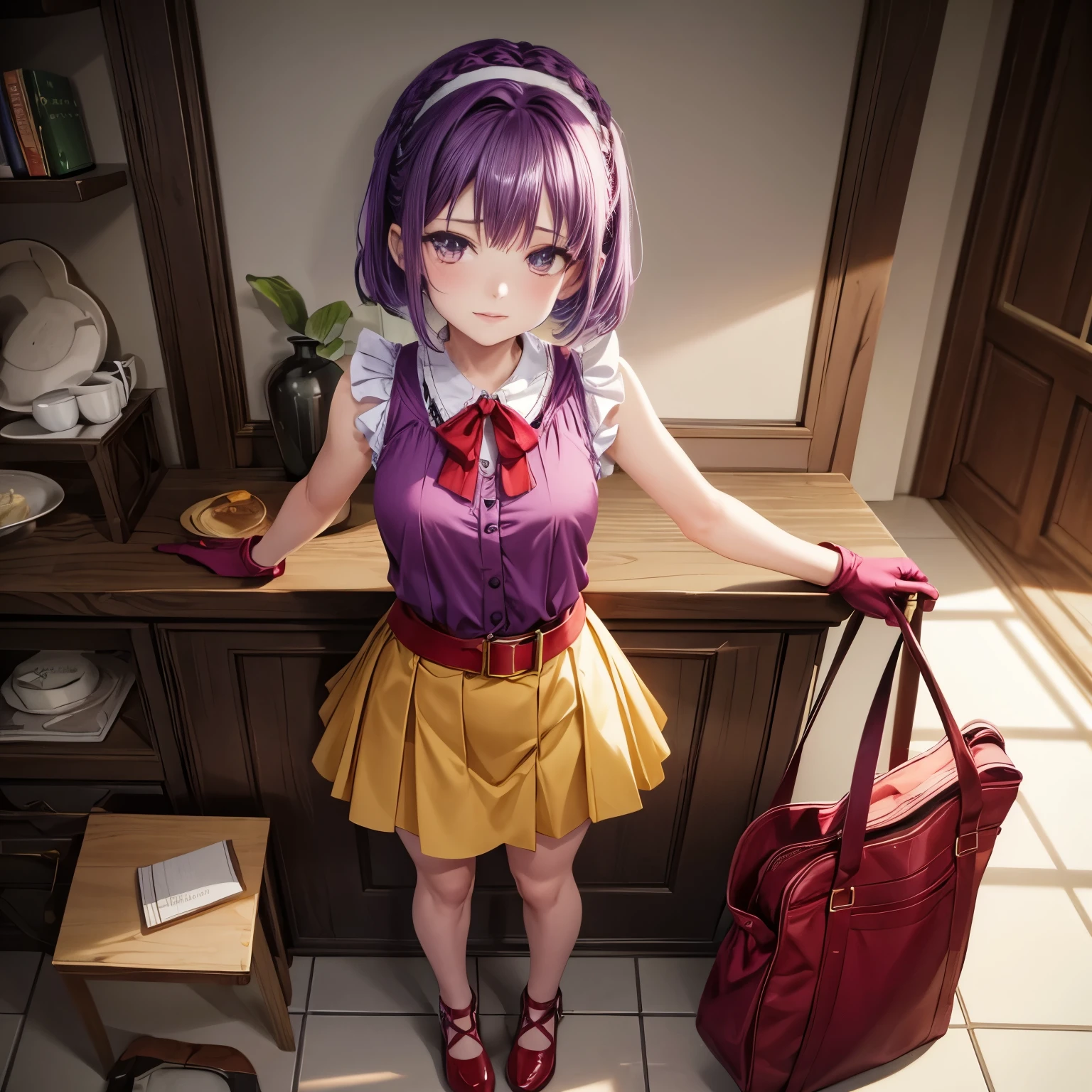 4k, HDR, full HD, Masterpiece, 1girl, (purple hair), perfect anatomy, full body,  Style: Her clothes are simple, modest and comfortable, suitable for a quiet life.
Sleeveless blouse: She usually wears a sleeveless blouse, usually in a light green tone, which reflects her peaceful and helpful nature.
Complement your outfit with short yellow shorts, which are light and practical.
She wears comfortable red shoes to perform everyday tasks with green socks.
On her head she wears a red bow, slightly to the side. brown gloves without covering the fingers