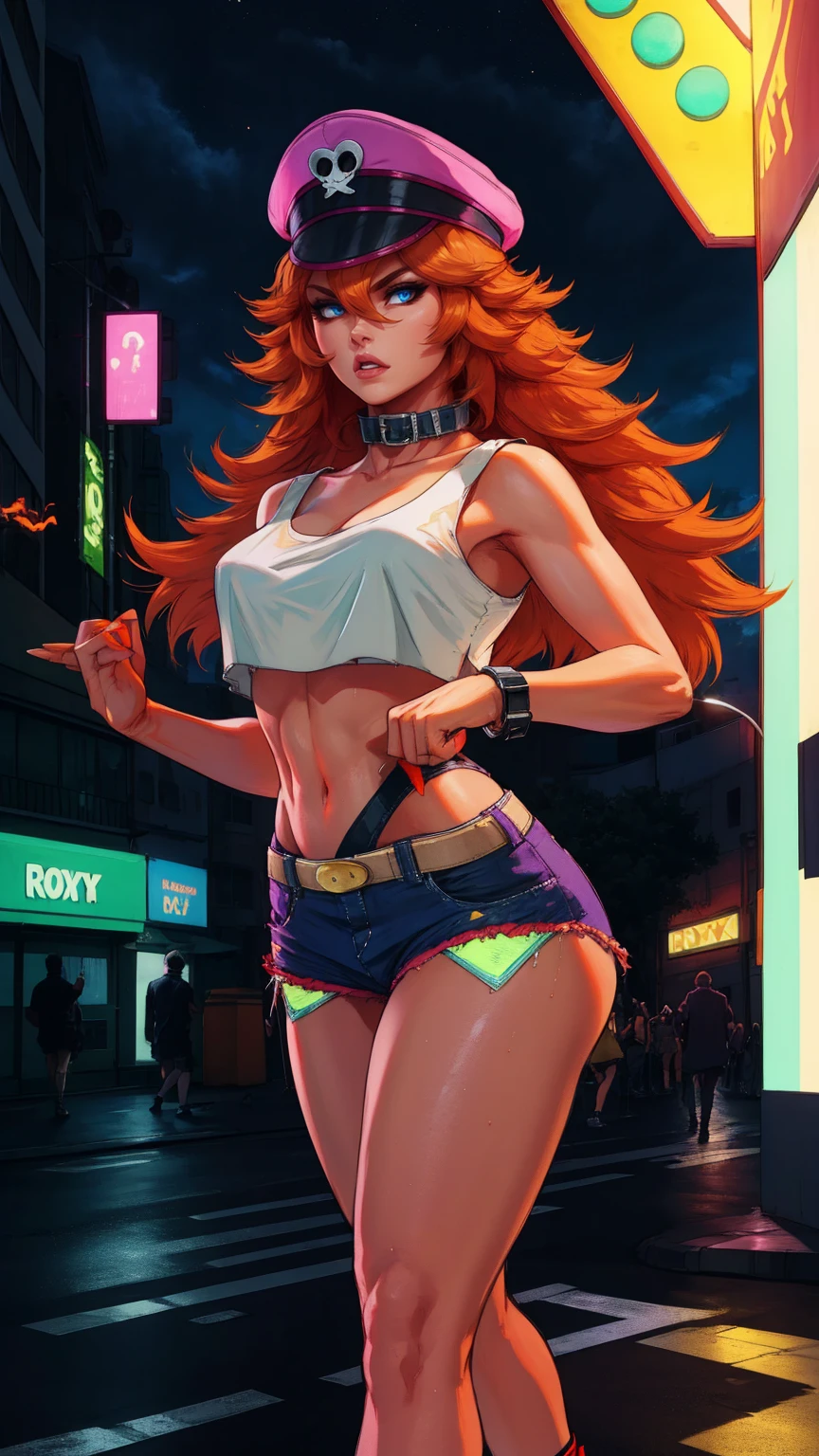 roxy,orange hair,blue eyes,long hair,white crop top,collar,short shorts, peaked cap, upper body,walking, nice shoes,looking at viewer, night,neon lights,streets, (insanely detailed, masterpiece, best quality),solo