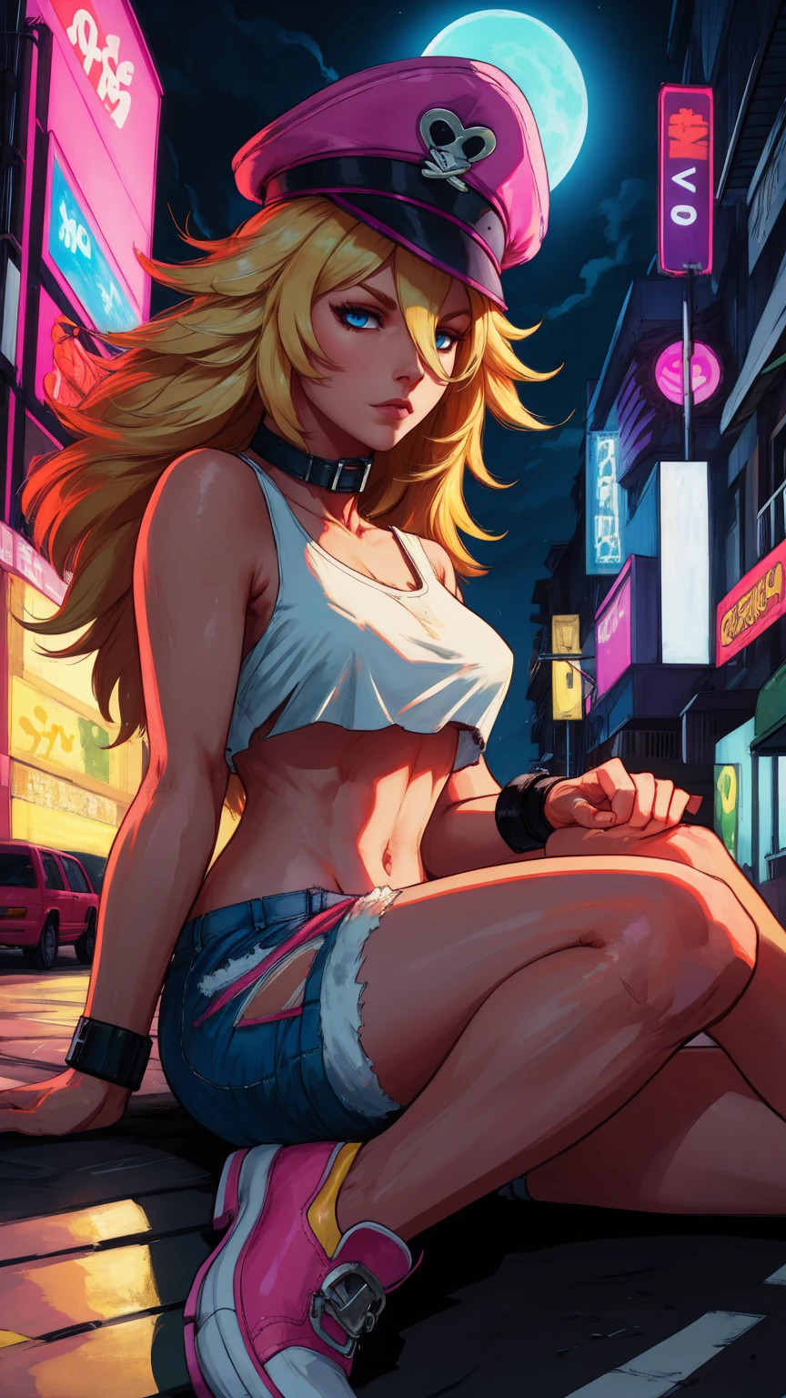 blonde hair,blue eyes,long hair,white crop top,collar,short shorts, peaked cap, upper body,on the motocicle, nice shoes,looking at viewer, night,neon lights,streets, (insanely detailed, masterpiece, best quality),solo, sitting on the car