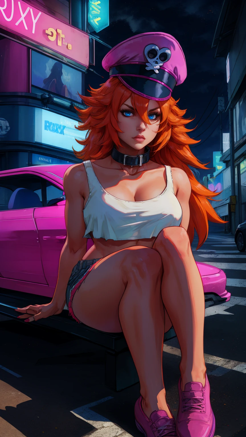 roxy,orange hair,blue eyes,long hair,white crop top,collar,short shorts, peaked cap, upper body,walking, nice shoes,looking at viewer, night,neon lights,streets, (insanely detailed, masterpiece, best quality),solo, sitting on car