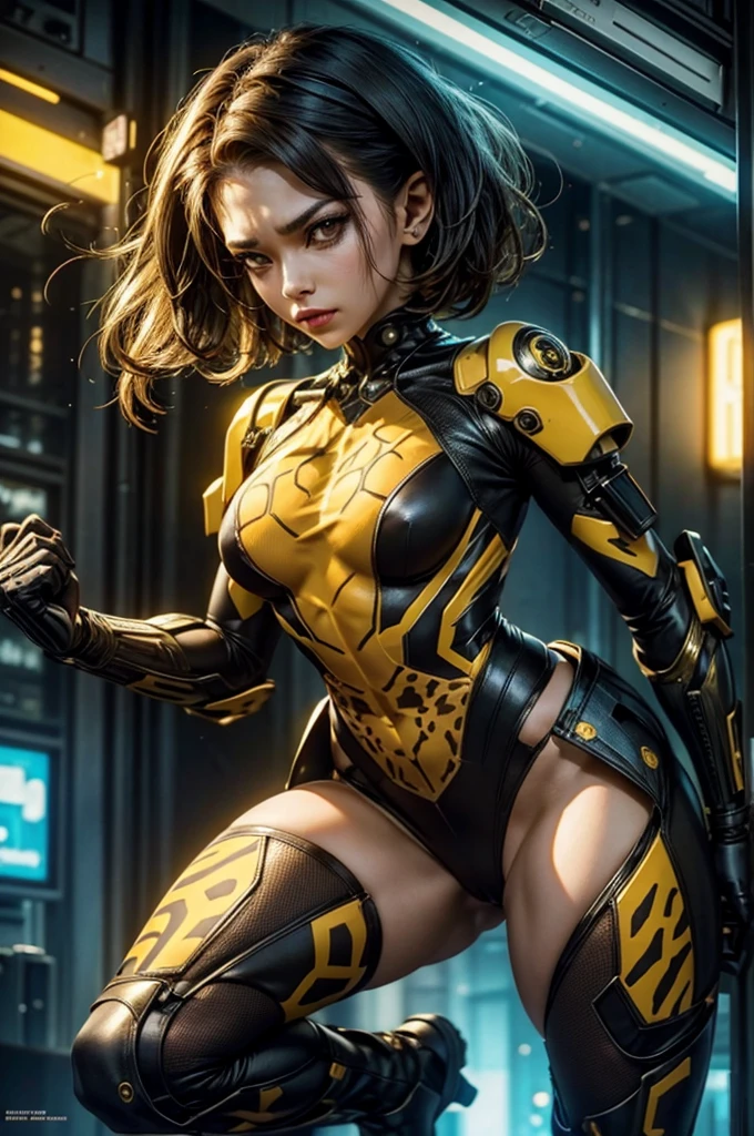 a (giraffe pattern outfit) yellow and black outfit,sword,beautiful cyberpunk woman,cyberpunk angry gorgeous goddess,beautiful cyborg girl ,hyper realistic,intricate details,cinematic lighting,vibrant colors,award winning,stunning,masterpiece