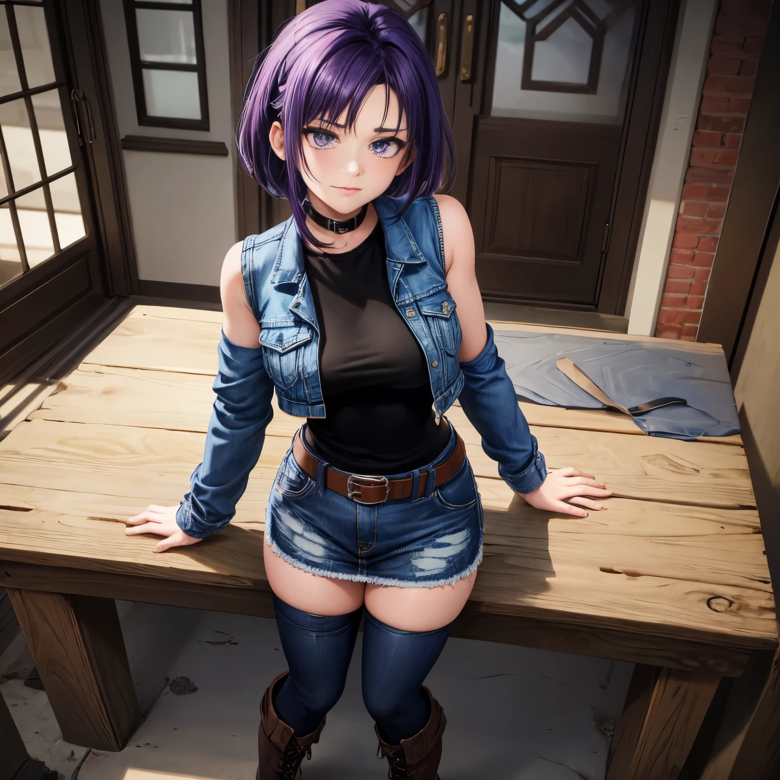 4k, HDR, full HD, Masterpiece, 1girl, (purple hair), perfect anatomy, full body, Denim jacket: short sleeveless blue denim jacket, giving it a modern and eye-catching touch. Black T-shirt with long sleeves: Under the jacket, a tight-fitting black T-shirt with sleeves. The sleeves have black and white stripes. Denim skirt: She wears a short denim skirt, which matches her jacket. The skirt is dark blue and fits her practical and modern style. Black tights: Under the skirt, she wears black tights that completely cover her legs, giving her an extra touch of style and protection. Brown Boots: Complete your look with tall, sturdy brown boots that are practical for combat and adventures. Brown Belt: Wear a brown belt around your waist, adding a functional and decorative accessory to your ensemble.