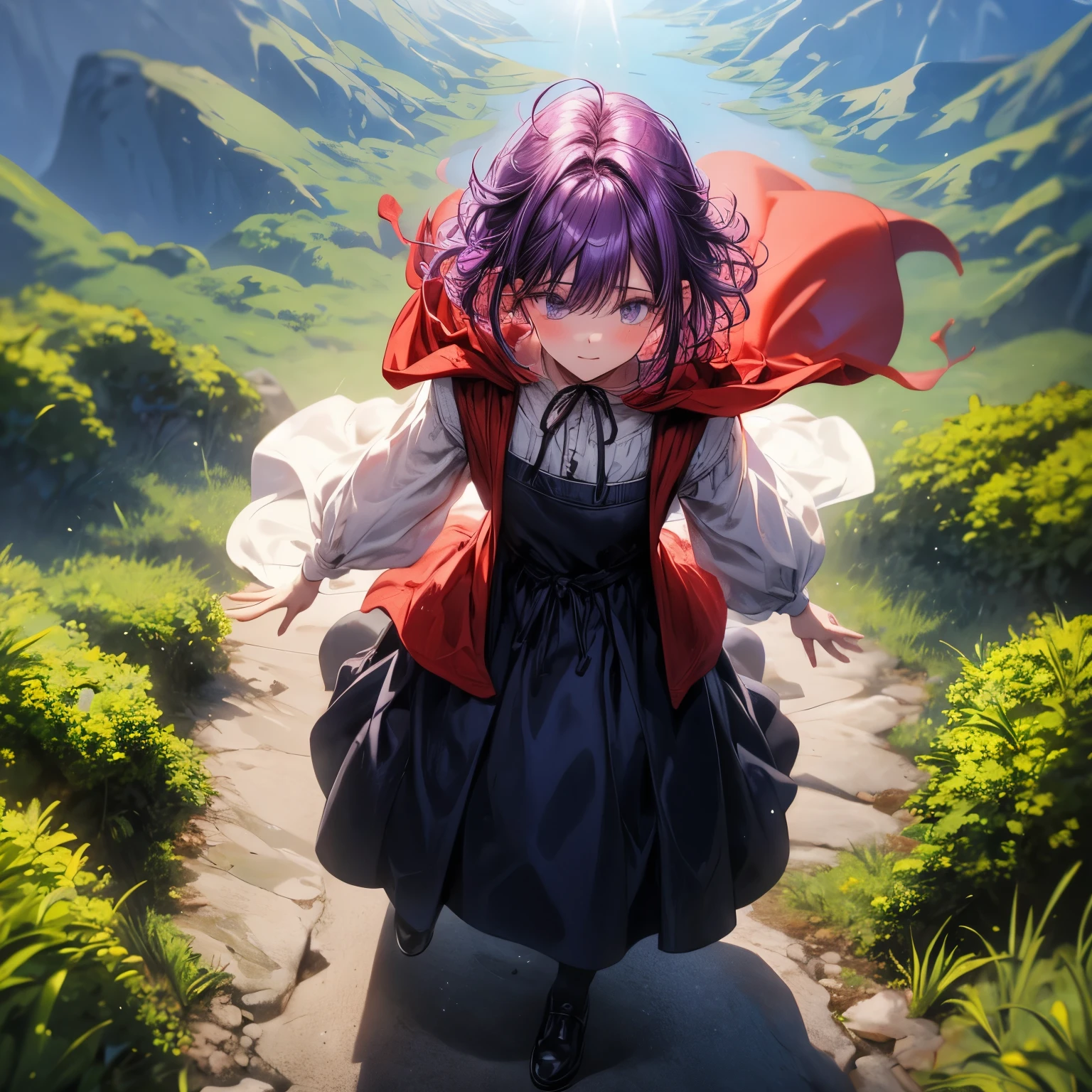 4k, HDR, full HD, Masterpiece, 1girl, (purple hair), perfect anatomy, full body,  It is a bright red cloak with a hood that covers his head and falls to his back. This cape is lightweight and made of simple fabric. Under the cape, she wears a peasant-style dress, which is usually white on top (like a blouse) and a skirt in dark shades, such as blue or brown. The dress is modest and loose, typical of a rural environment. She also wears a white apron that reinforces the image of an innocent and hard-working young woman. The shoes are usually black or brown, flat and practical in style, ideal for walking in the forest.