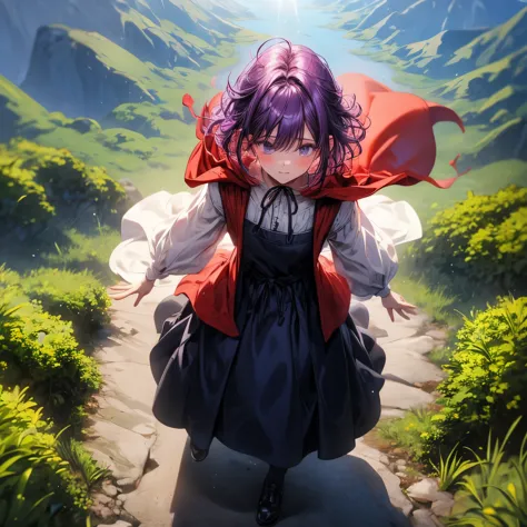 4k, hdr, full hd, masterpiece, 1girl, (purple hair), perfect anatomy, full body,  it is a bright red cloak with a hood that cove...