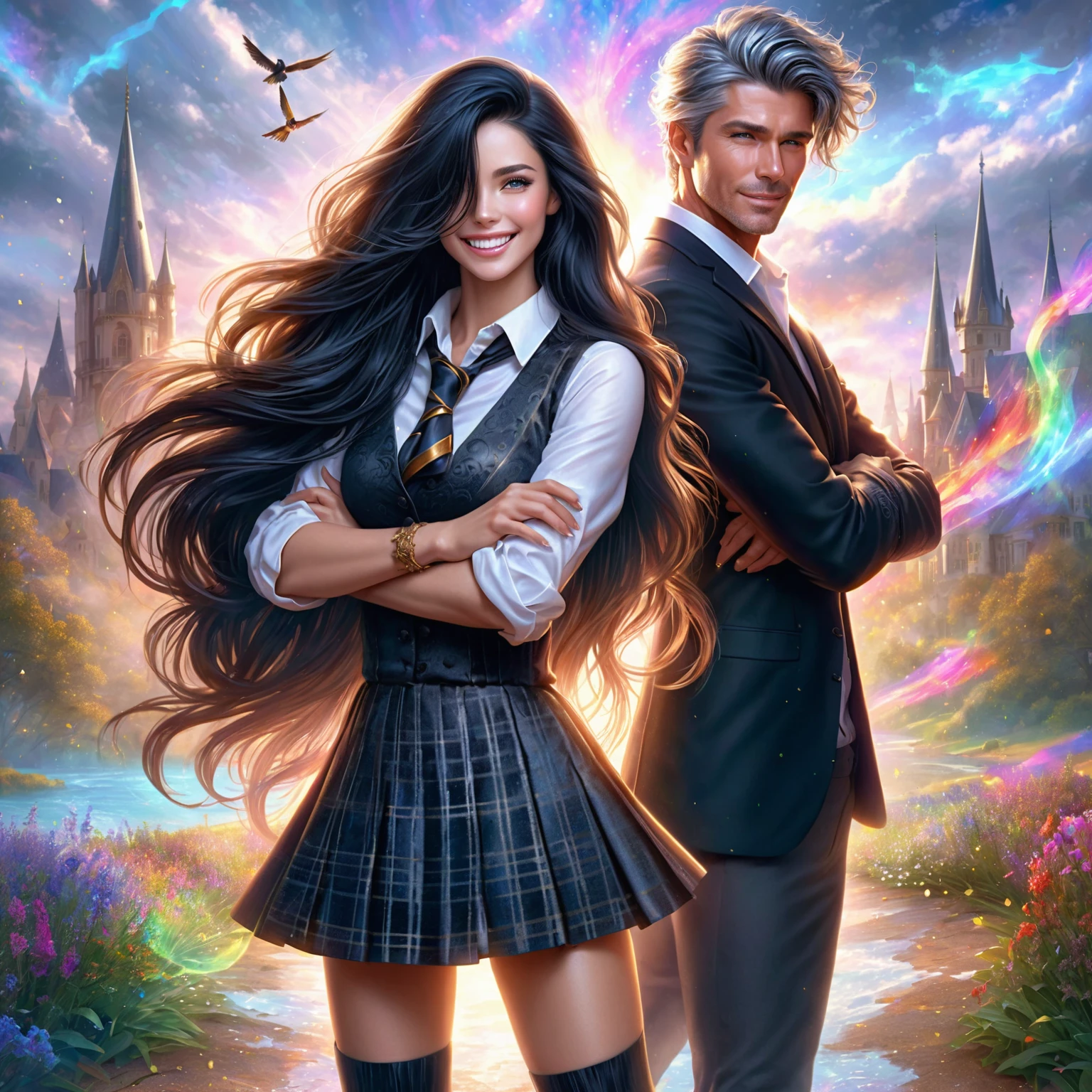 masterpiece Hyperrealistic photorealistic PASSIONATE illustration for a emotional book cover.full-length BLACKHAIR-haired beautiful 20-year SMILING SMILINGLY AND BOLDLY woman in school\'s dress (skirt and blouse) standing guilty in front of handsome 30years whitelonghairs young muscular attractive sexual brutal massive rector in black suit. rector folded his arms on his body and is angry, fantastic perspective ULTRADETAILED natural landscape and MAgic Academy IN THE BACKGROUND. colorful magic in air. ultrahigh detail. Colorful complementary colors scene,lots of details. silk\'s ultraglossing Victorian era dress. ultra dynamic unusual angle. ultra dynamic unusual angle. FOR THE COVER dynamic scene, lOOK AT ME! Magical fantasy world, illustration for book cover, bright additional colors, magic, ultra-highdetail,perfect natural proportions.model faces. perfect anatomy, detailed hand and fingers. ultraglossing gold, ultraglossing clothes\'s textile. magic, ultra-highdetail,perfect natural proportions.model faces. perfect anatomy, detailed hand and fingers. ultraglossing gold, ultraglossing clothes\'s textile.