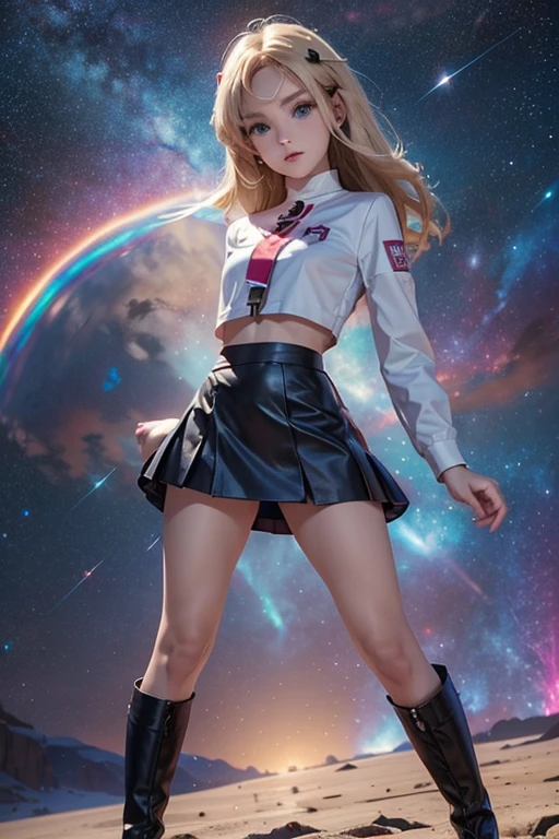 Jessie. ((mini skirt)), Jessie, full body, long legs, BOOTS, strong legs, mini skirt,(( mini skirt)), ((Jessie )) Jessie pokemon, Rainbow colored cosmic nebula background, stars, galaxies, intricate details