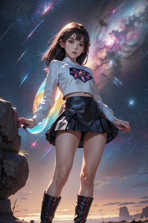 Jessie. ((mini skirt)), Jessie, full body, long legs, BOOTS, strong legs, mini skirt,(( mini skirt)), ((Jessie )) Jessie pokemon, Rainbow colored cosmic nebula background, stars, galaxies, intricate details