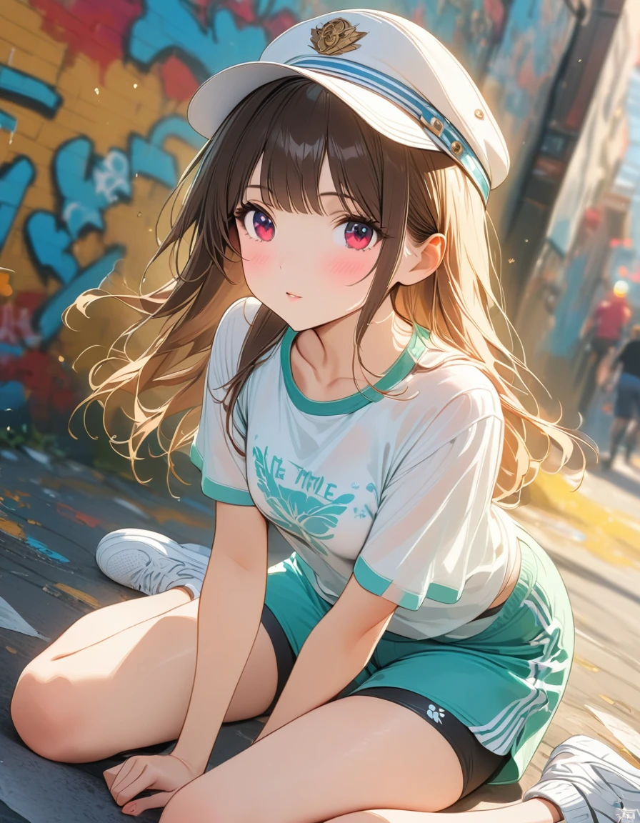 fashion girl,sports shorts, white peaked cap, wariza, street graffiti, (extremely delicate and beautiful: 1.2), movie angle,(beautiful details eyes: 1.1), (Detail lights: 1.1)Ultra HD, masterpiece, high detail, high quality, The best, High resolution