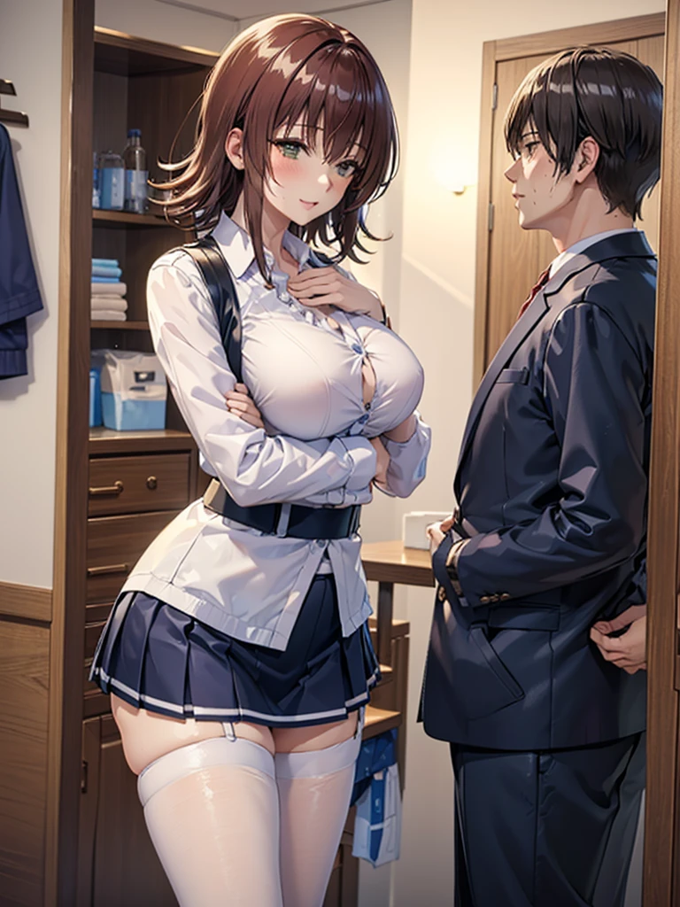 ((Best Quality)), ((masterpiece)), (detailed), Man and Woman,Age 25,uniform,student,(mini skirt),(Please open the buttons on your shirt),Shoulder Bare,Red cheeks,Underbust,(I can see your chest),(Excited expression),(Seduce),night,circuit,Dim lighting,(暗いnightの背景),(Dimly lit changing room),(Dirty changing room),Take a closer look,sexy,Side view,抱き合うMan and Woman.Kissing an obese elderly person,(Standing old man),(Old man and woman hugging),sweat,(Black garter belt),Short Hair,