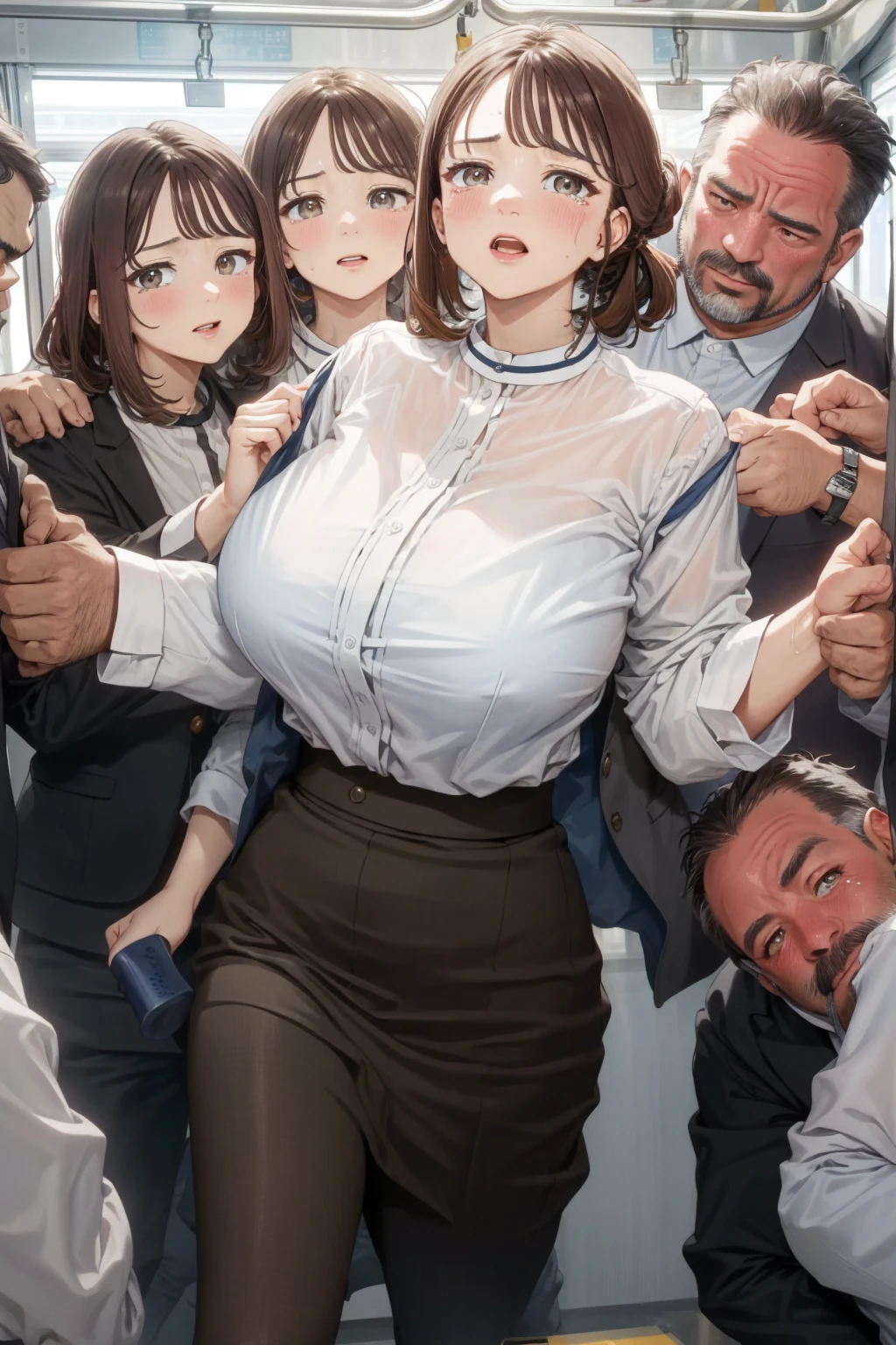 (masterpiece), (Best Quality), (highly detailed), (8k resolution), (Best Quality),Huge_chest,hair_,brown_hair,brown_eye,detailed_lips shy,_face,,Office Lady,(White button-up shirt),skirt,(Viewer discretion advised:1.3)、train、Clothes are see-through、(woman,Fat middle-aged man:1.2)、(Middle-aged man behind:1.3)、(Surrounded by middle-aged men:1.6)、(tears)