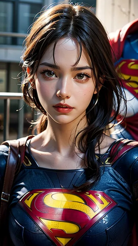 ((beautiful face:1.2)),((realistic:1.2)), ((superman&#39;s high neck suit:1.4)), ((large breasts:1.4)), toned body, (background ...