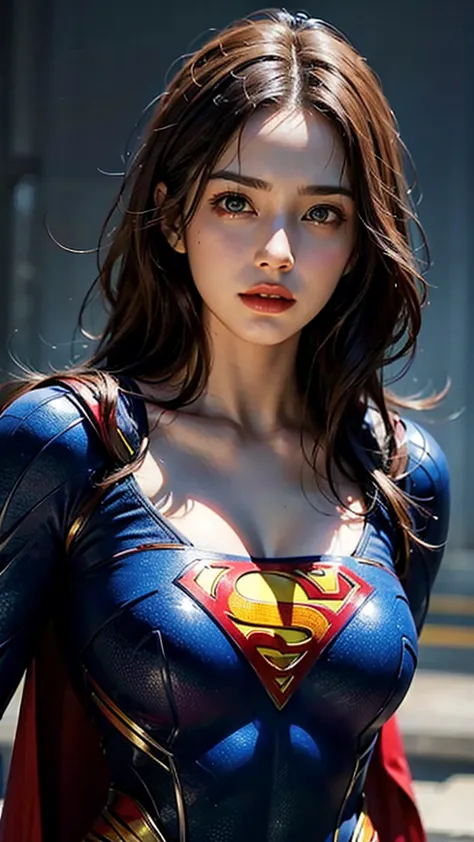 ((beautiful woman:1.2)),((realistic:1.2)),((upper body)), ((superman&#39;s high neck suit:1.4)), ((huge breasts)), toned body, (...