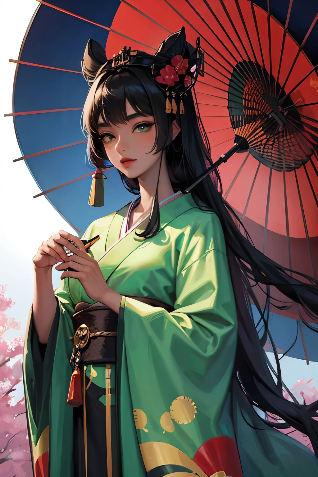 anime Dark-skinned geisha with green eyes and umbrella, fan