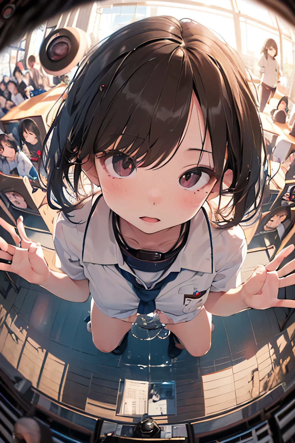 nsfw、16k、Cute junior high school student showing off her white panties、(Squat:1.3)、(Transparent white school uniform、mini skirt)、Water flows from the crotch、,((Looking up at the audience)),Face Focus:1.4、((Shooting from above with a fisheye lens:1.4))