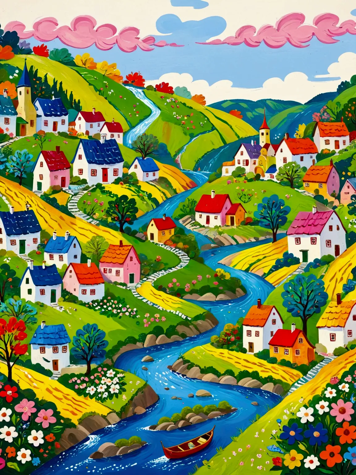 a painting of a village with a river and houses on a hill, a storybook illustration by bohumil kubista, featured on behance, nai...