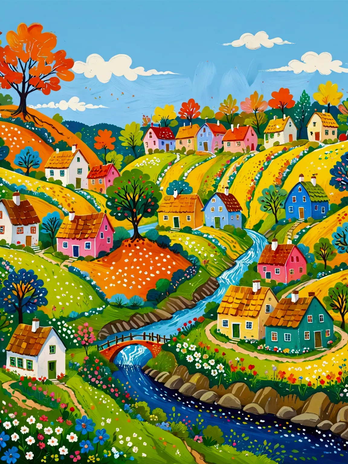 a painting of a village with a river and houses on a hill, a storybook illustration by bohumil kubista, featured on behance, nai...