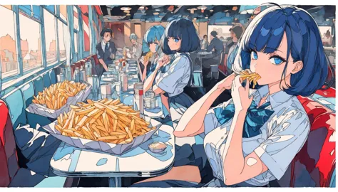 (((beautiful detailed)))(cute face:1.2)1girl, girl smilying while eating a pile of french fries, inside a 1950s-style diner, 195...