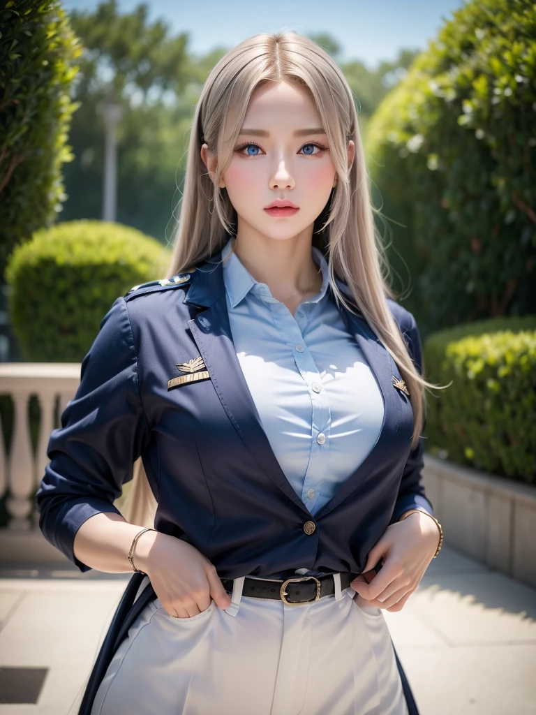 (HyperRealims),(ในรูป 1girlตัวสูงกว่าผู้ชาย 2 เท่า:ผู้ชาย), 1girl, Female Air Force Officer of the US Army, (Masterpiece) Beautiful American girl,face_cute_very beautiful, High nose, Very white skin, (tie Long blond hair:0.2), (Increase the resolution of_Eyes and blue eyes), รายละเอียดร่างกาย, ตัวสูงๆ, สง่า, แขนยาว, ขายเรียวยาว, energetic girl (Strong muscles:0.3), (เพิ่มความเรียบเนียนของผิวกล้ามเนื้อ), Air Force white shirt, trousers, Air Force Casual Suit, (Add realistic details to the clothing), (เพิ่มรายละเอียดของการสวมเครื่องแบบ) At Air Force Base Park, New York, score_9 คะแนน_8_Up Up คะแนน_7_Up Up (Masterpiece:1.3),(Realistic visual texture resolution), (8k,HD,UHD)( Best quality) (High resolution) (High fantasy:1.3) (Animation:0.5), The best perfect raw photo 1girlตัวสูงกว่าผู้ชาย 2 เท่า,