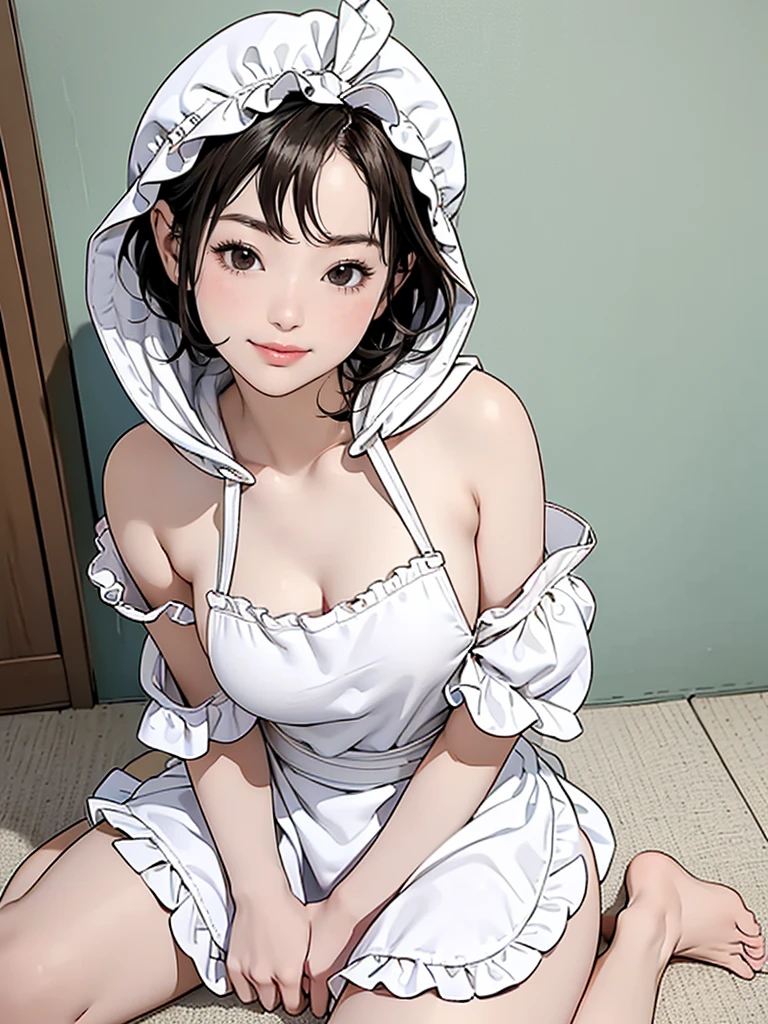 Create an bedroom scene where a beautiful young brown-eyed Japanese young highschool girl is having a photoshoot on wall
,Buckshot,smile,  (put a hood on head:1.4),  (prayer pose:1.2),
(own hands together:1.2), (sitting on floor:1.2), BREAK (white theme:1.4), (maid apron:0.8), (wear a (cute design white apron with white obi) over a naked body:1.4), ((fit and flare, A-line):1.3), ((white knot on waist, ruffle trim):1.3), (white shoulder strap with big ruffles:1.4), (knees skin, barefoot:1.3),lunch break