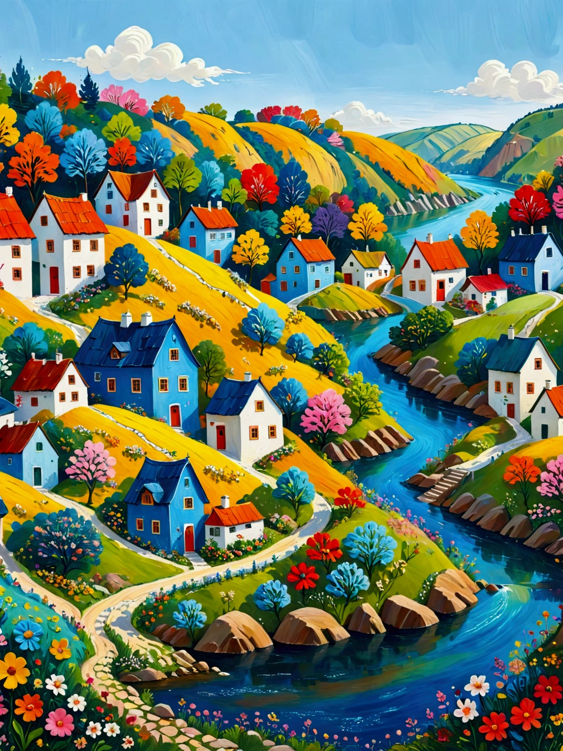 a painting of a village with a river and houses on a hill, colorful illustration, cottage town, colorfull illustration, colorful kids book illustration, editorial illustration colorful, countryside city scene, landscape illustration, vibrant gouache painting scenery, village in the woods, by Bohumil Kubista, of a small village with a lake, by Samu Börtsök