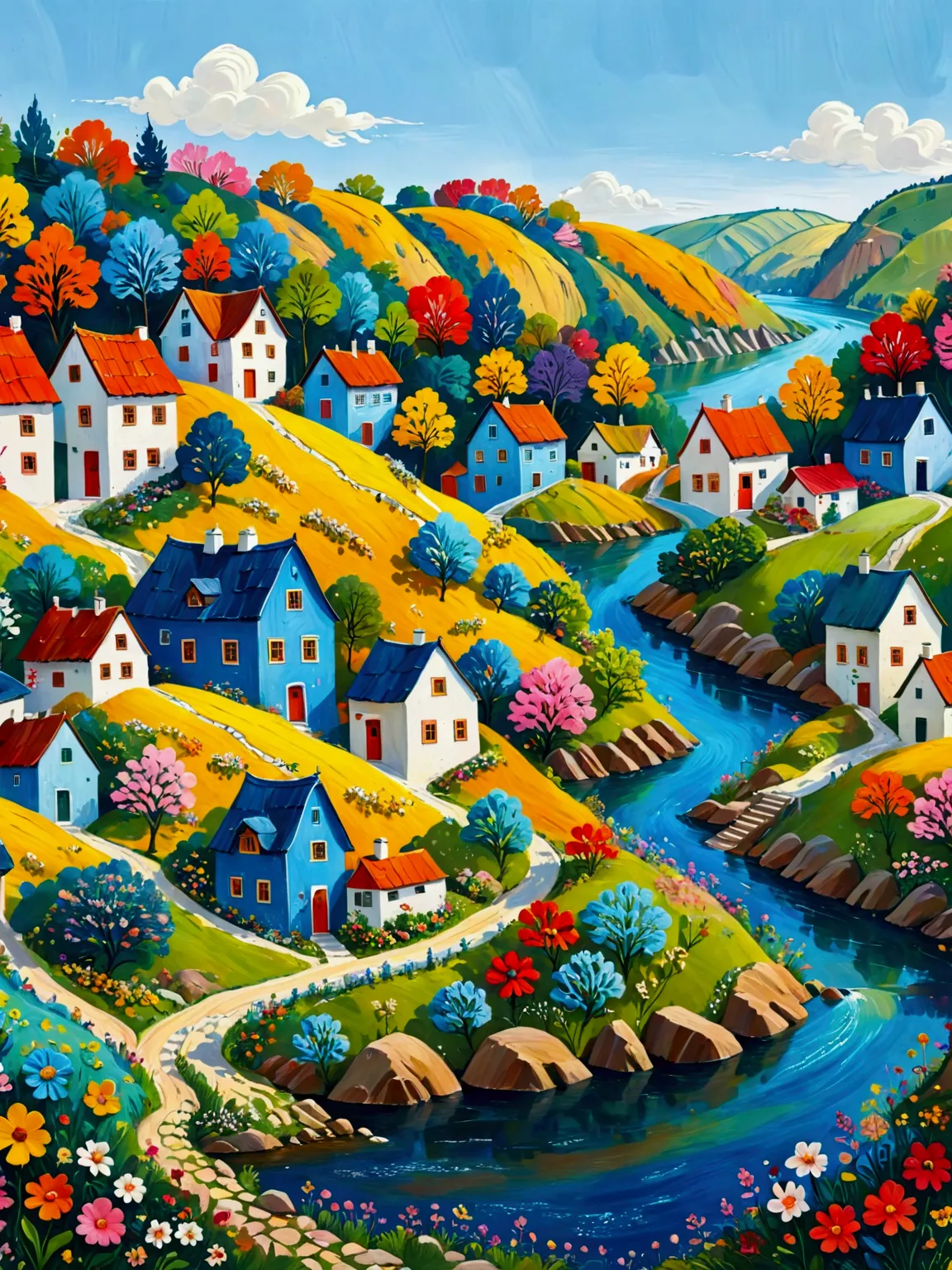 a painting of a village with a river and houses on a hill, colorful illustration, cottage town, colorfull illustration, colorful...