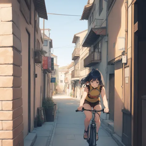 a minimalist artwork of a girl riding a bicycle through a city alley, with pastel-colored buildings and a soft blue sky in the b...