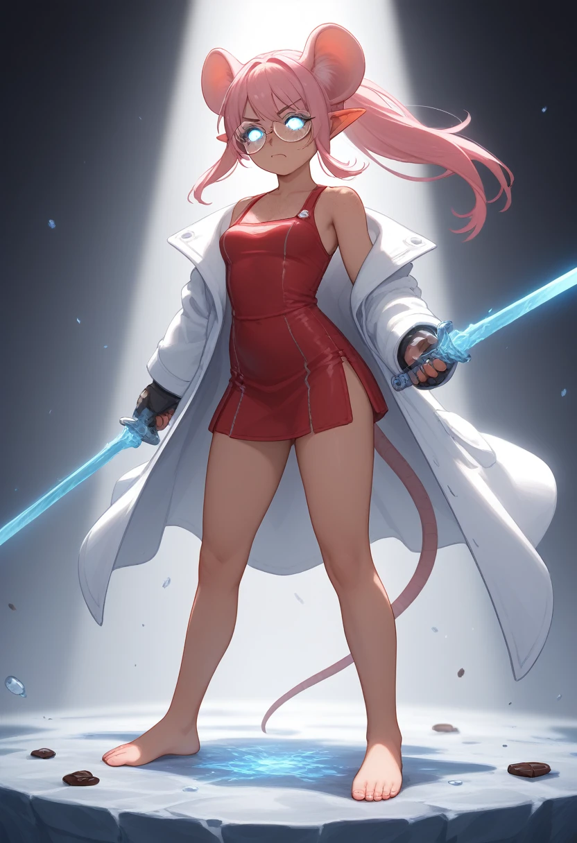 Illustrate a young girl with dark chocolate brown skin, standing confidently with her bright pink hair styled in a neat ponytail, with a few stray strands softly framing her face. Her eyes glow icy blue, exuding a sense of power, and are partially hidden behind round, nerdy glasses. She has sharp, elf-like ears and a serious expression. Her bare feet are animalistic, resembling wolf paws, and a long, mouse-like tail with pink fur extends behind her. Two small vampiric fangs peek from her closed mouth. She wears a unique black and white lab coat, adorned with multiple pockets holding various tools. The coat is open, revealing a simple, sleeveless red dress underneath, with a delicate matching skirt. In one hand, she wields a sharp sword, the blade glowing with icy blue energy, reflecting the powers coursing through her. The scene is dynamic, capturing her as a figure of both intellect and strength. detailed face, extremely detailed eyes, masterpiece, 4k, 8k, high-res, ultra-detailed, physically-based rendering, dark brown skin, vivid colors, studio lighting cinematic lighting, dramatic lighting, dramatic composition, dynamic pose, volumetric lighting, Nice ass, B-cups, Cute breasts, shapely figure, Serious expression, glowing eyes, freckles, Full Body