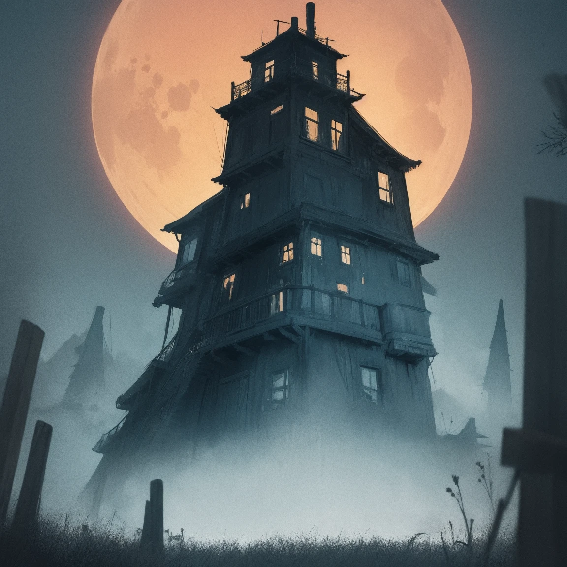 A horror painting of an abandoned old house in a foggy forest, with a full moon in the background, evoking a creepy and tense mood."