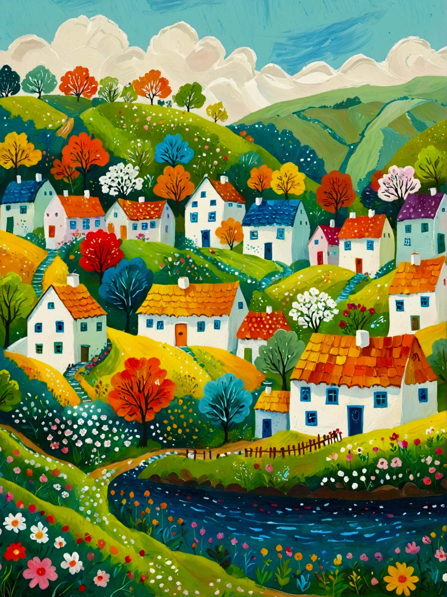 a painting of a village with a river and houses on a hill, a storybook illustration by Bohumil Kubista, featured on behance, naive art, colorful illustration, cottage town, colorfull illustration, colorful kids book illustration, editorial illustration colorful, countryside city scene, landscape illustration, vibrant gouache painting scenery, village in the woods