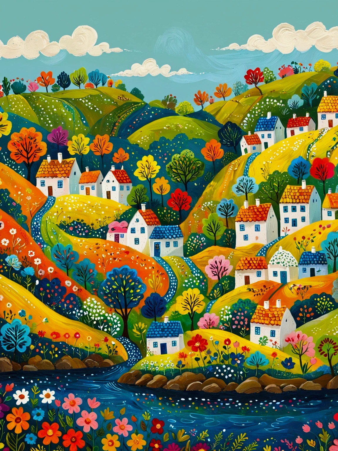 a painting of a village with a river and houses on a hill, a storybook illustration by Bohumil Kubista, featured on behance, naive art, colorful illustration, cottage town, colorfull illustration, colorful kids book illustration, editorial illustration colorful, countryside city scene, landscape illustration, vibrant gouache painting scenery, village in the woods