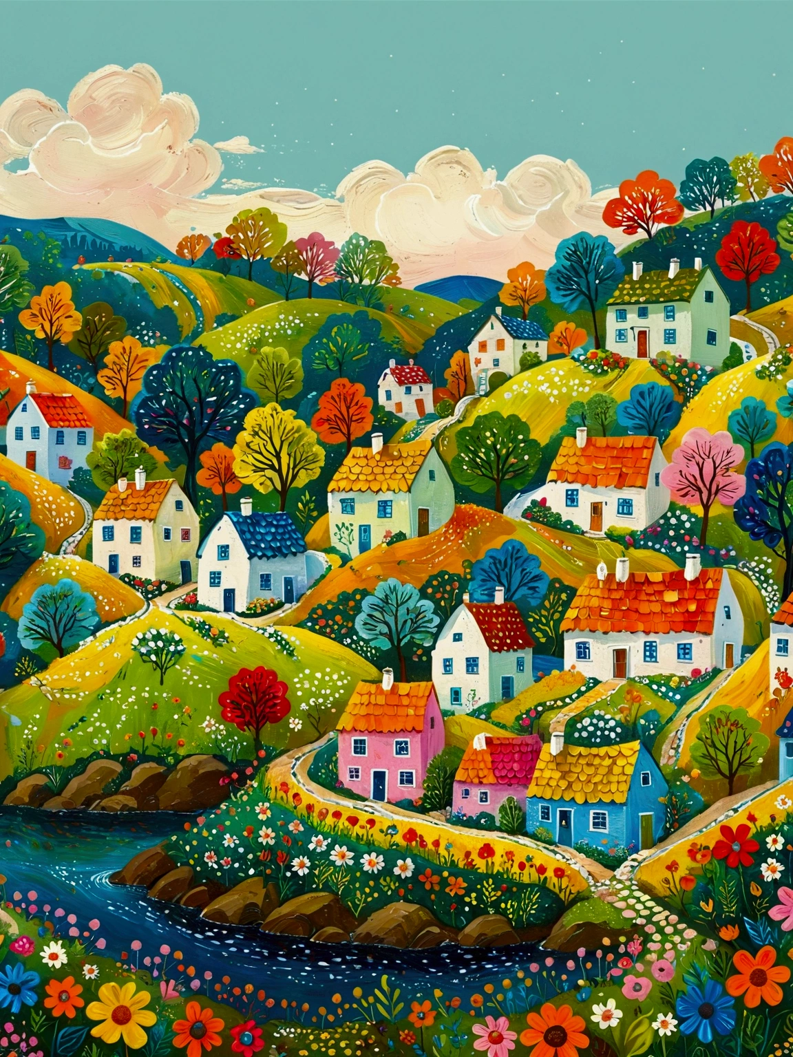 a painting of a village with a river and houses on a hill, a storybook illustration by Bohumil Kubista, featured on behance, naive art, colorful illustration, cottage town, colorfull illustration, colorful kids book illustration, editorial illustration colorful, countryside city scene, landscape illustration, vibrant gouache painting scenery, village in the woods