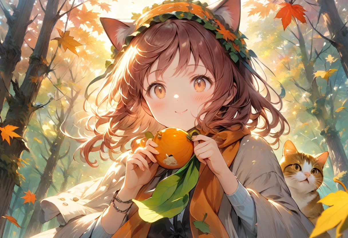 ((Best Quality))、((excellent))、(detailed)、8k、「Whimsical autumn landscape in a pleasant forest。A cheerful woman with flowing auburn hair has a playful look on her face。She is playfully trying to catch the leaves.、A mischievous cat in an orange and white fur coat is also hitting the same leaf。The cat is wearing a small, comical scarf.、Two characters with swirling fall leaves and trees々Surrounded by golden sunlight filtering through the。This scene is full of joy and humor.、Captures the vibrant and playful spirit of autumn。」、Conceptual Art、jpeg artifacts、First Person View、Close-up Cat、Ultra-high resolution、Anatomically correct、Attention to detail、超detailed