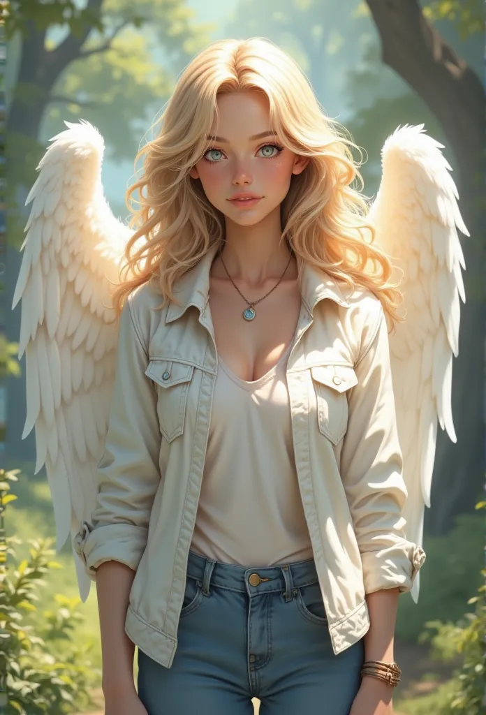 1 girl, medium breasts, blond, long hair, curls, gray eyes, white feather wings, angel, outdoor, white jacket, necklace, vest, j...