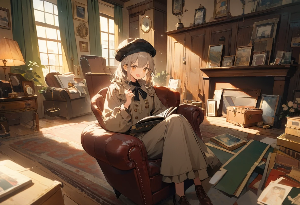 ((Best Quality))、((excellent))、(detailed)、8k、「In a cozy living room filled with warm, nostalgic light、A woman sits in an old-fashioned armchair、Holding a photo album。She is smiling and laughing at a funny memory。on the other hand、A curious cat with a mischievous expression、Halfway into a box of old keepsakes、Playfully trying on a vintage hat that&#39;s too big for his head。In the room、Patterned rugs、Soft cushion、Shelves filled with mementos、Full of cozy details、It creates a bright and warm atmosphere。」、Conceptual Art、jpeg artifacts、First Person View、Cat close-up、Ultra-high resolution、Anatomically correct、Attention to detail、超detailed