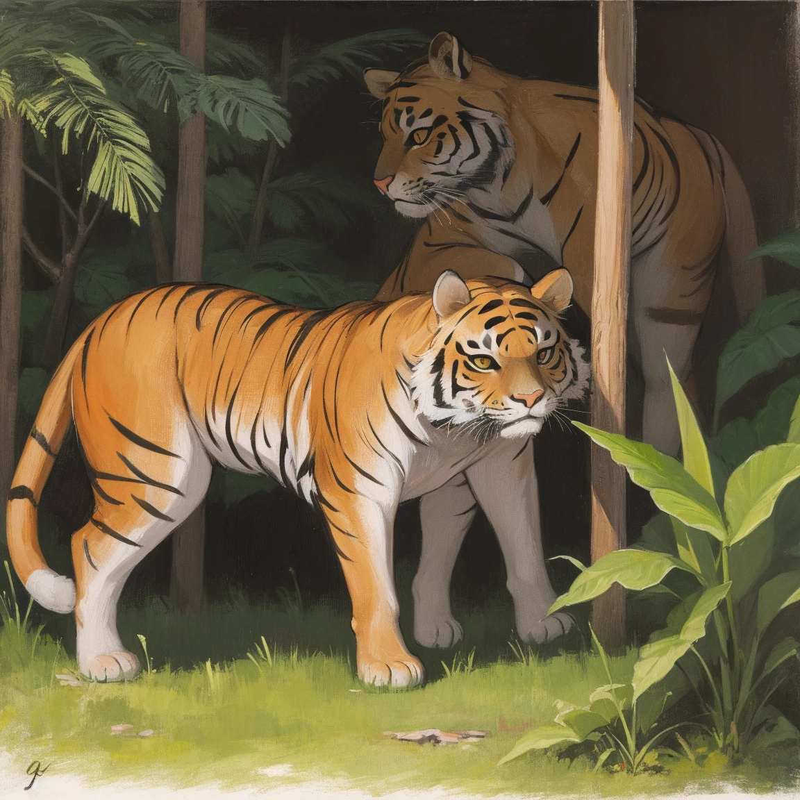 An oil painting of a tiger in a lush tropical rainforest, capturing a bold and wild mood