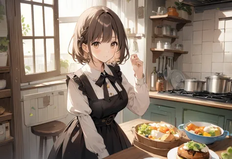 ((best quality))、((excellent))、(detailed)、8k、「a woman in a bright vintage kitchen、i&#39;m showing my cat some old and funny phot...