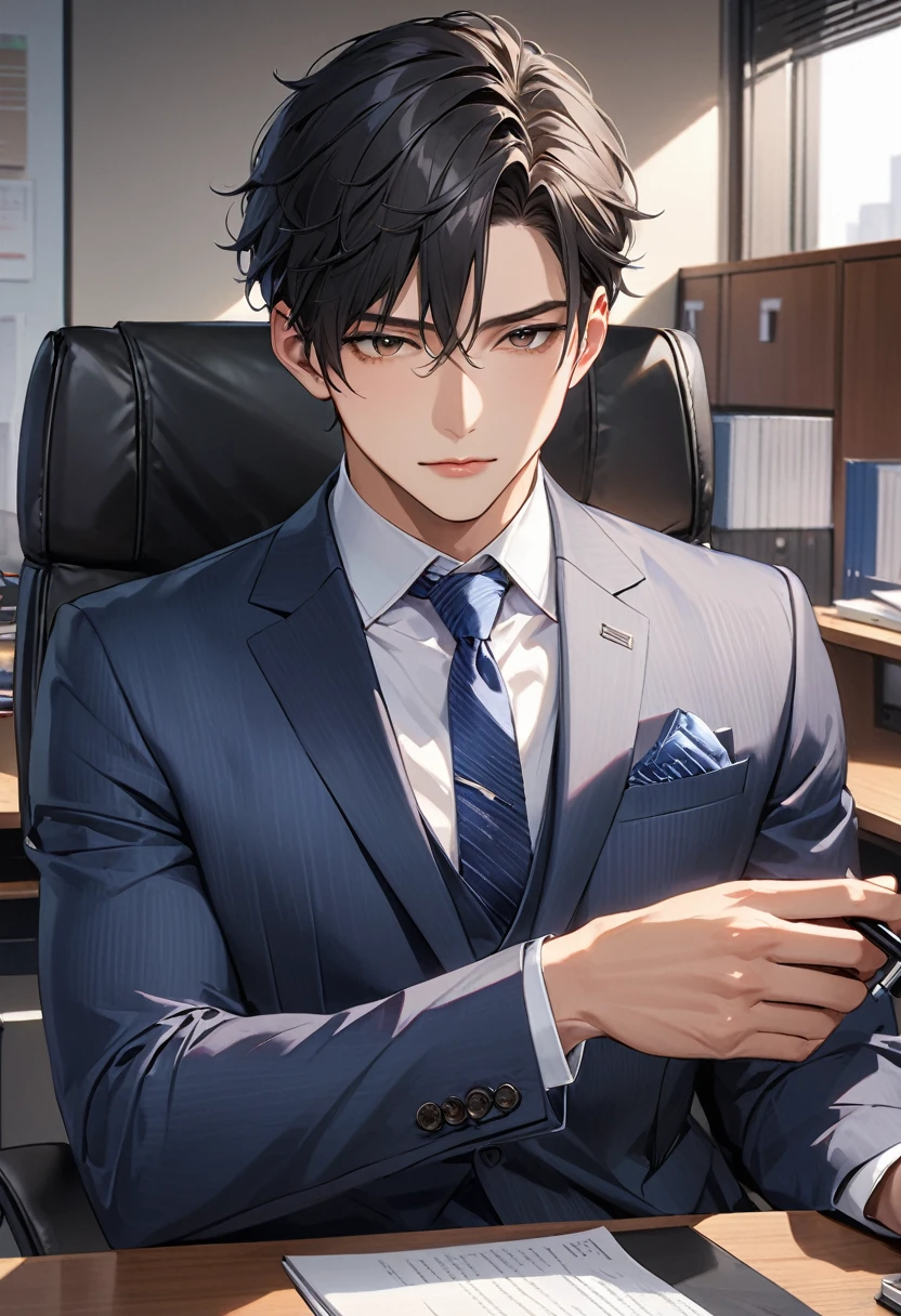 masterpiece), (Best Quality), (Highly Details), (8k resolution), (Best Quality),male、25歳のmale一人、Office、suit、Black Hair、I&#39;m working、Perfect Face、Perfect limbs、Attention to detail、Sitting、desk、Computer、I&#39;m worried、Sigh、Troubled face、