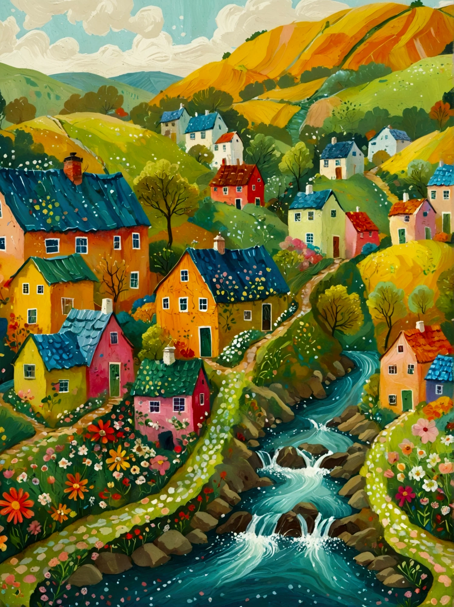 a painting of a village with a river and houses on a hill, a storybook illustration by Bohumil Kubista, featured on behance, naive art, colorful illustration, cottage town, colorfull illustration, colorful kids book illustration, editorial illustration colorful, countryside city scene, landscape illustration, vibrant gouache painting scenery, village in the woods