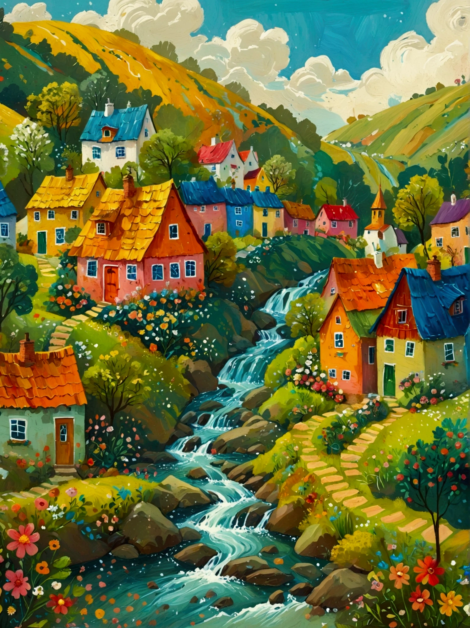 a painting of a village with a river and houses on a hill, a storybook illustration by Bohumil Kubista, featured on behance, naive art, colorful illustration, cottage town, colorfull illustration, colorful kids book illustration, editorial illustration colorful, countryside city scene, landscape illustration, vibrant gouache painting scenery, village in the woods