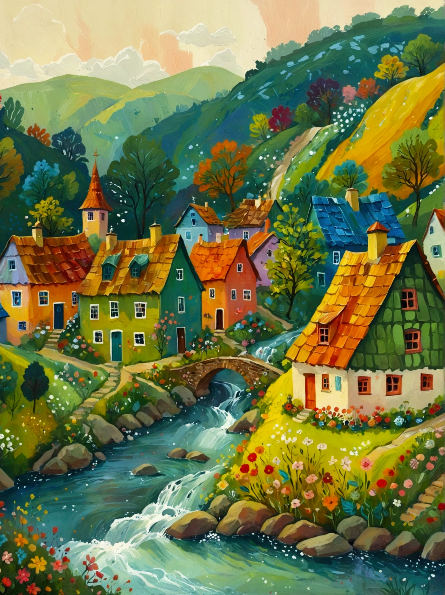 a painting of a village with a river and houses on a hill, a storybook illustration by Bohumil Kubista, featured on behance, naive art, colorful illustration, cottage town, colorfull illustration, colorful kids book illustration, editorial illustration colorful, countryside city scene, landscape illustration, vibrant gouache painting scenery, village in the woods