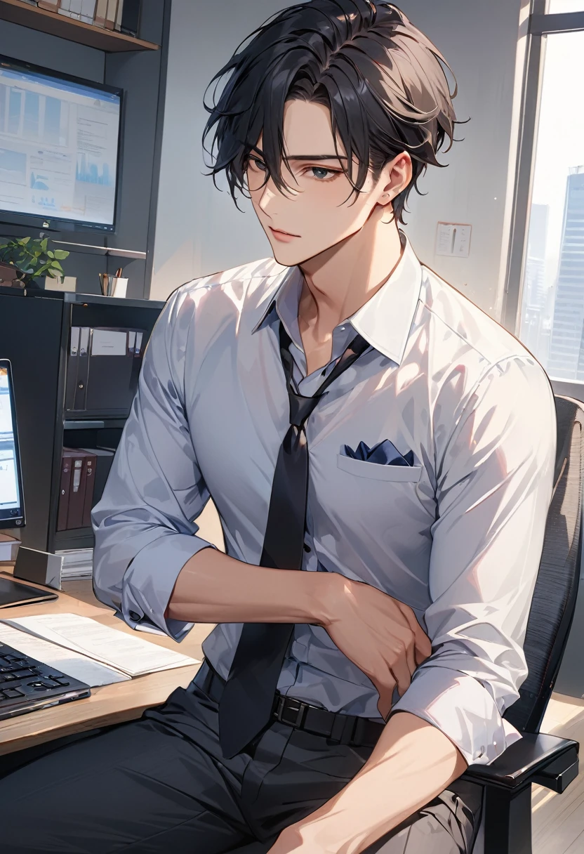 masterpiece), (Best Quality), (Highly Details), (8k resolution), (Best Quality),male、25歳のmale一人、Office、suit、Black Hair、I&#39;m working、Perfect Face、Perfect limbs、Attention to detail、Sitting、desk、Computer、I&#39;m worried、Sigh、Troubled face、