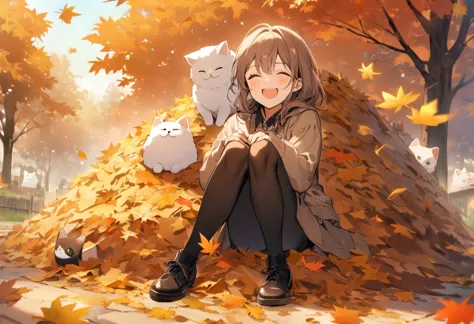 ((best quality))、((excellent))、(detailed)、8k、「a woman is raking fallen leaves in the garden、comical autumn scene with the wind b...