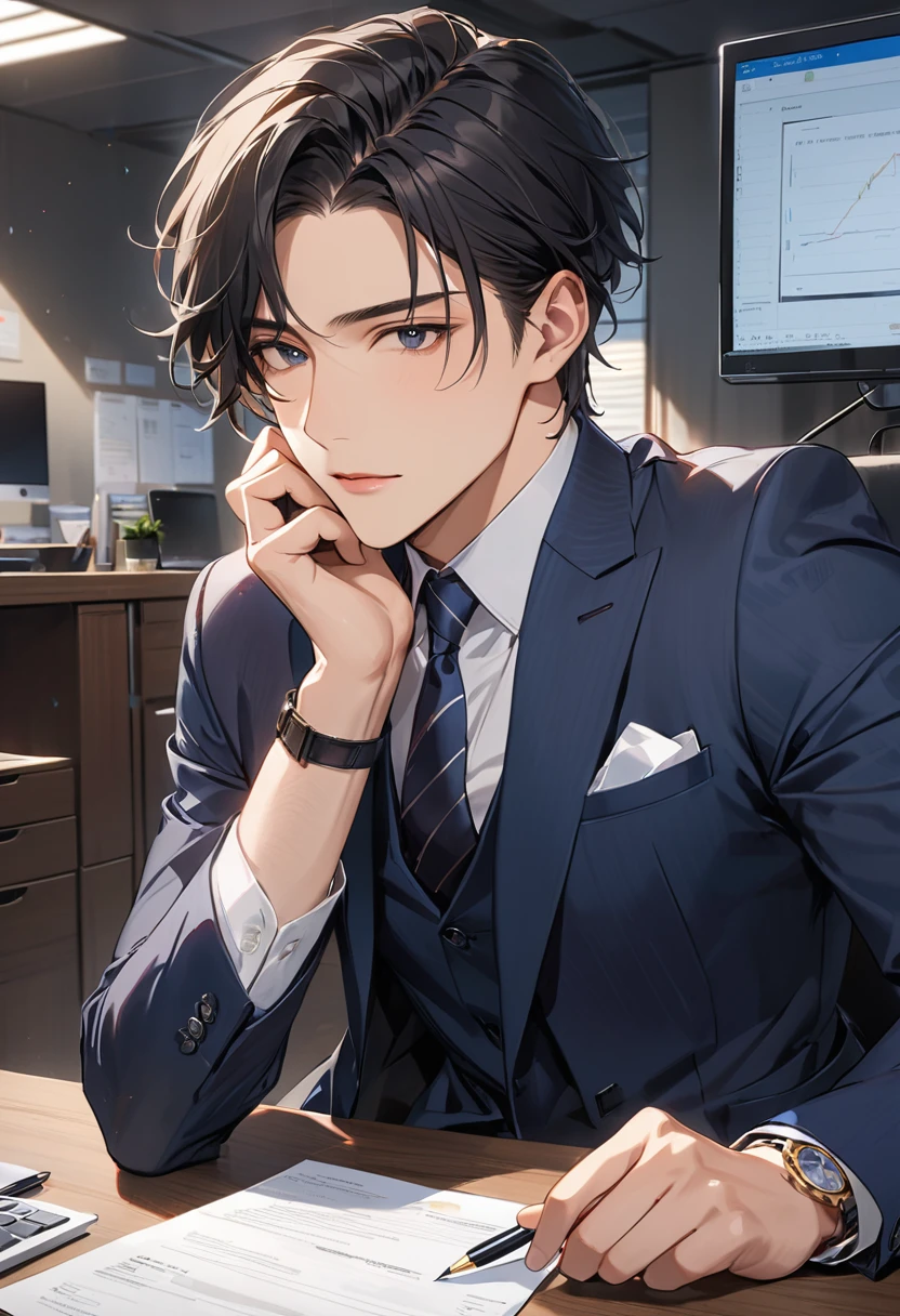 masterpiece), (Best Quality), (Highly Details), (8k resolution), (Best Quality),male、25歳のmale一人、Office、suit、Black Hair、I&#39;m working、Perfect Face、Perfect limbs、Attention to detail、Sitting、desk、Computer、I&#39;m worried、Sigh、Troubled face、Sad、I&#39;m tired、