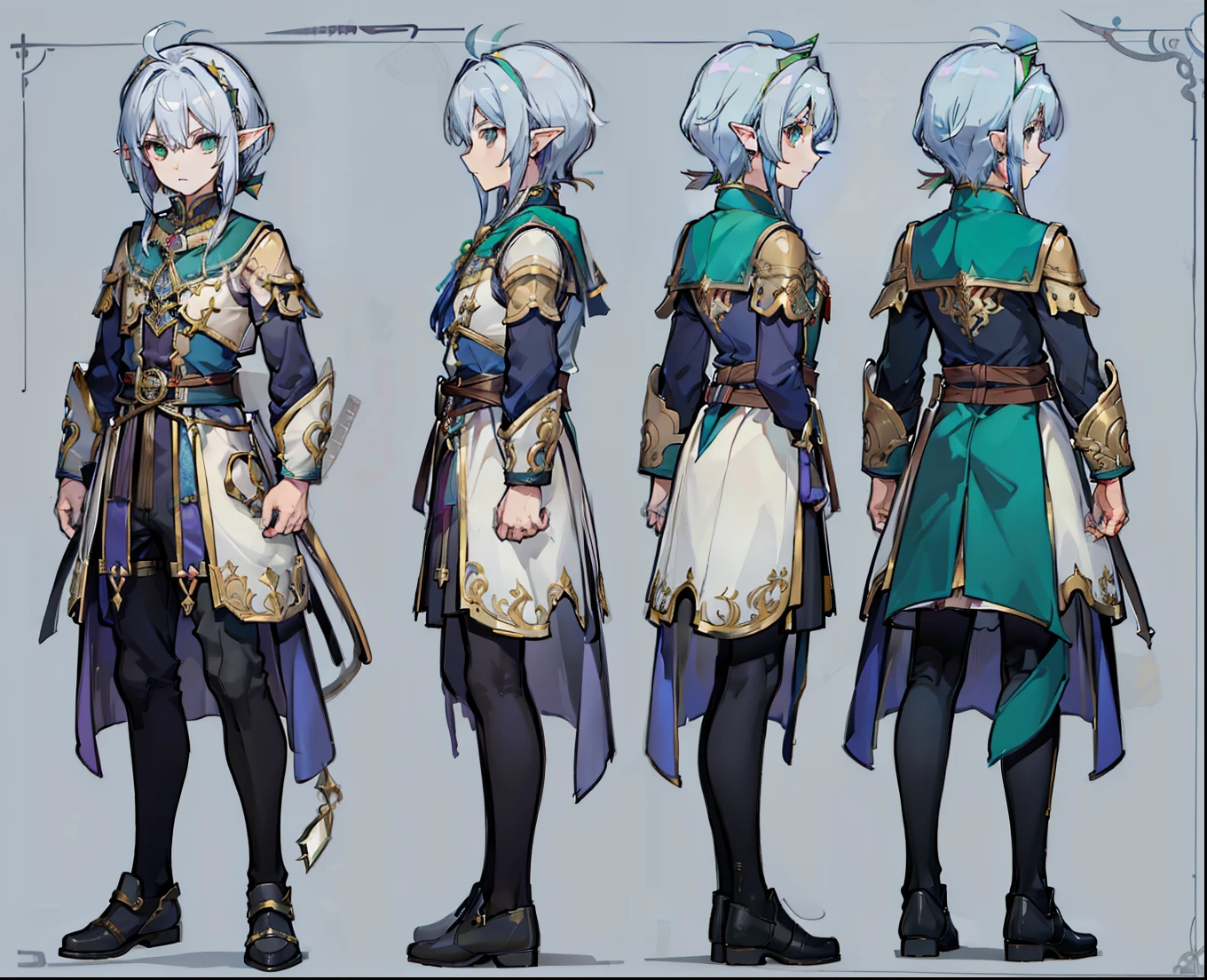 1male people, reference sheet, matching outfits, (Fantasy character design, front angle, side angle, rear angle) medlar, Charming, persuasive, Wise. Average height elves, Long silver hair fell to her shoulders, Pointy ears. with emerald green eyes，Shimmering with a mischievous glow, slender figures, Wear colorful costumes suitable for wandering bards.(Best quality, Masterpiece), 1 boy, 15 three-view diagram, frontage、Back and side, character sheets,full bodyesbian,Simple background,