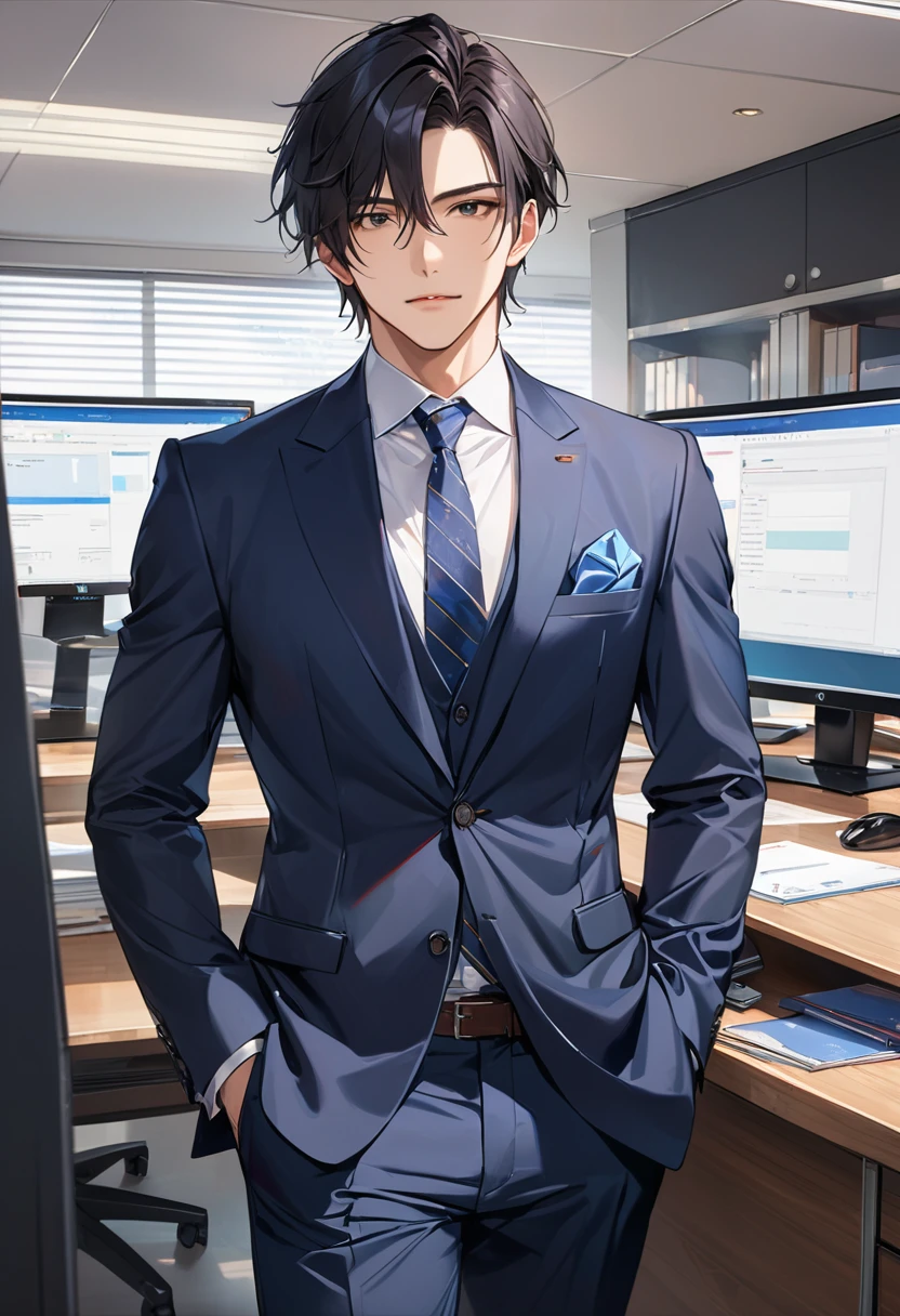 masterpiece), (Best Quality), (Highly Details), (8k resolution), (Best Quality),male、25歳のmale一人、Office、suit、Black Hair、I&#39;m working、Perfect Face、Perfect limbs、Attention to detail、Sitting、desk、Computer、I&#39;m worried、Sigh、Troubled face、Sad、I&#39;m tired、