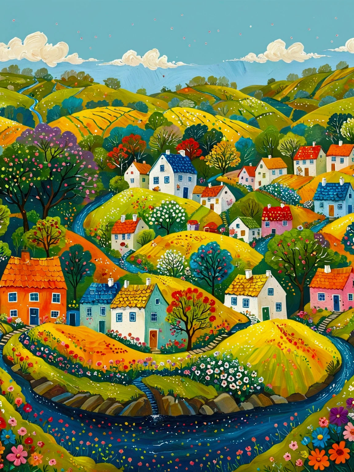 a painting of a village with a river and houses on a hill, a storybook illustration by Bohumil Kubista, featured on behance, naive art, colorful illustration, cottage town, colorfull illustration, colorful kids book illustration, editorial illustration colorful, countryside city scene, landscape illustration, vibrant gouache painting scenery, village in the woods