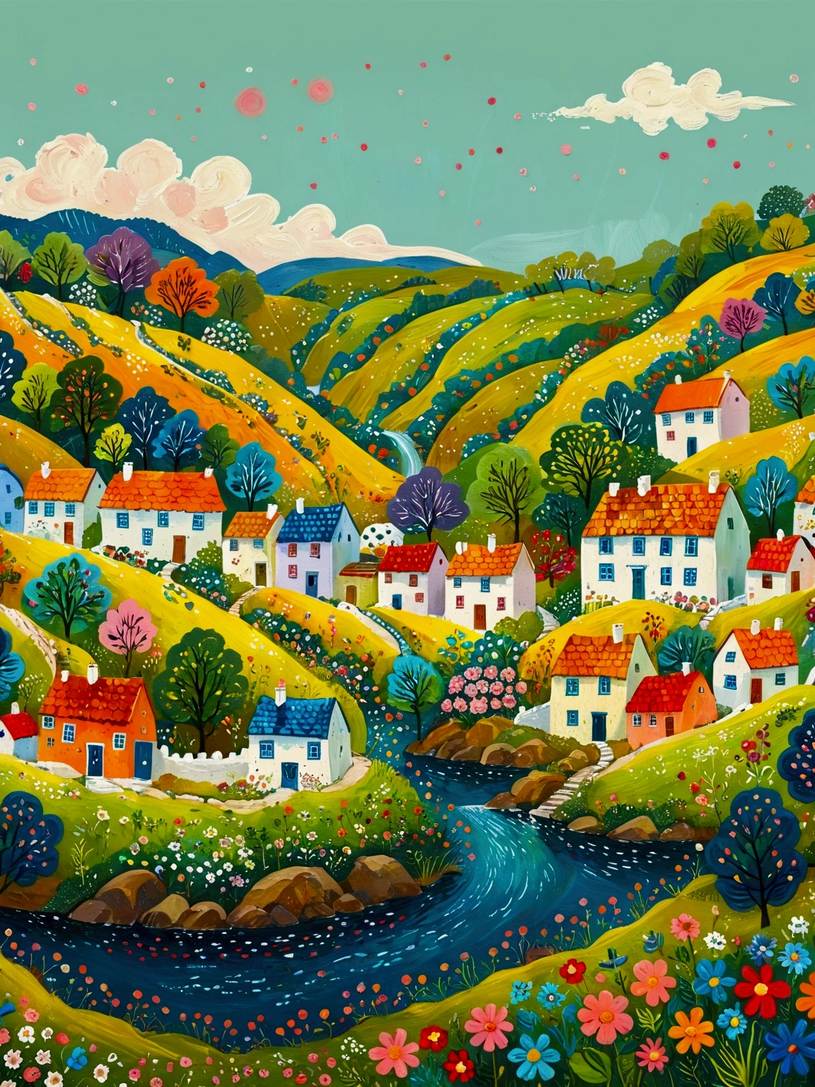 a painting of a village with a river and houses on a hill, a storybook illustration by Bohumil Kubista, featured on behance, naive art, colorful illustration, cottage town, colorfull illustration, colorful kids book illustration, editorial illustration colorful, countryside city scene, landscape illustration, vibrant gouache painting scenery, village in the woods