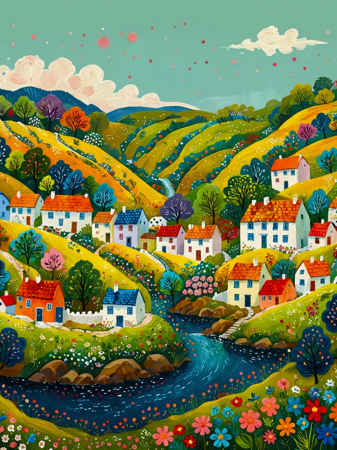 a painting of a village with a river and houses on a hill, a storybook illustration by bohumil kubista, featured on behance, nai...