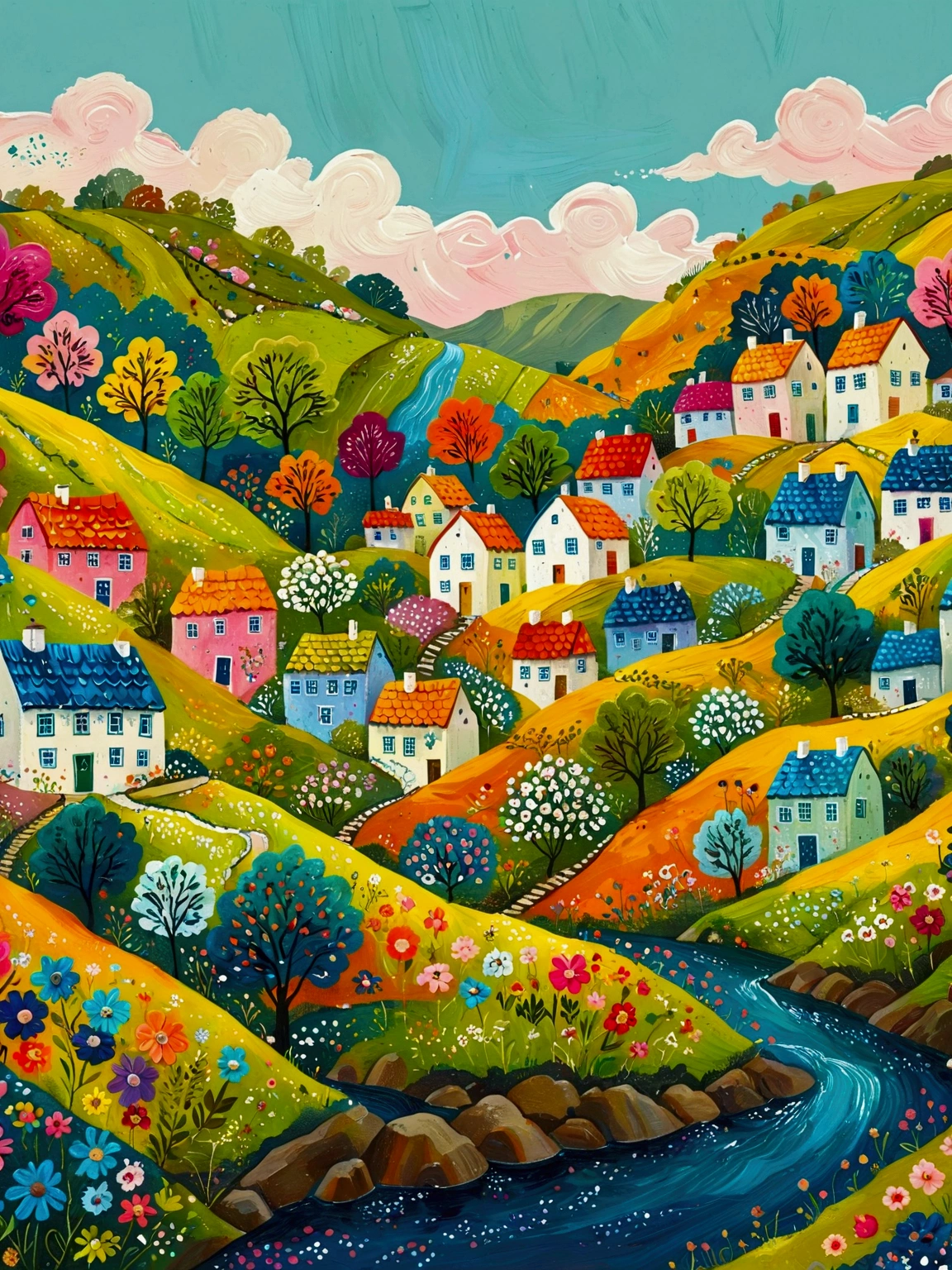 a painting of a village with a river and houses on a hill, a storybook illustration by Bohumil Kubista, featured on behance, naive art, colorful illustration, cottage town, colorfull illustration, colorful kids book illustration, editorial illustration colorful, countryside city scene, landscape illustration, vibrant gouache painting scenery, village in the woods