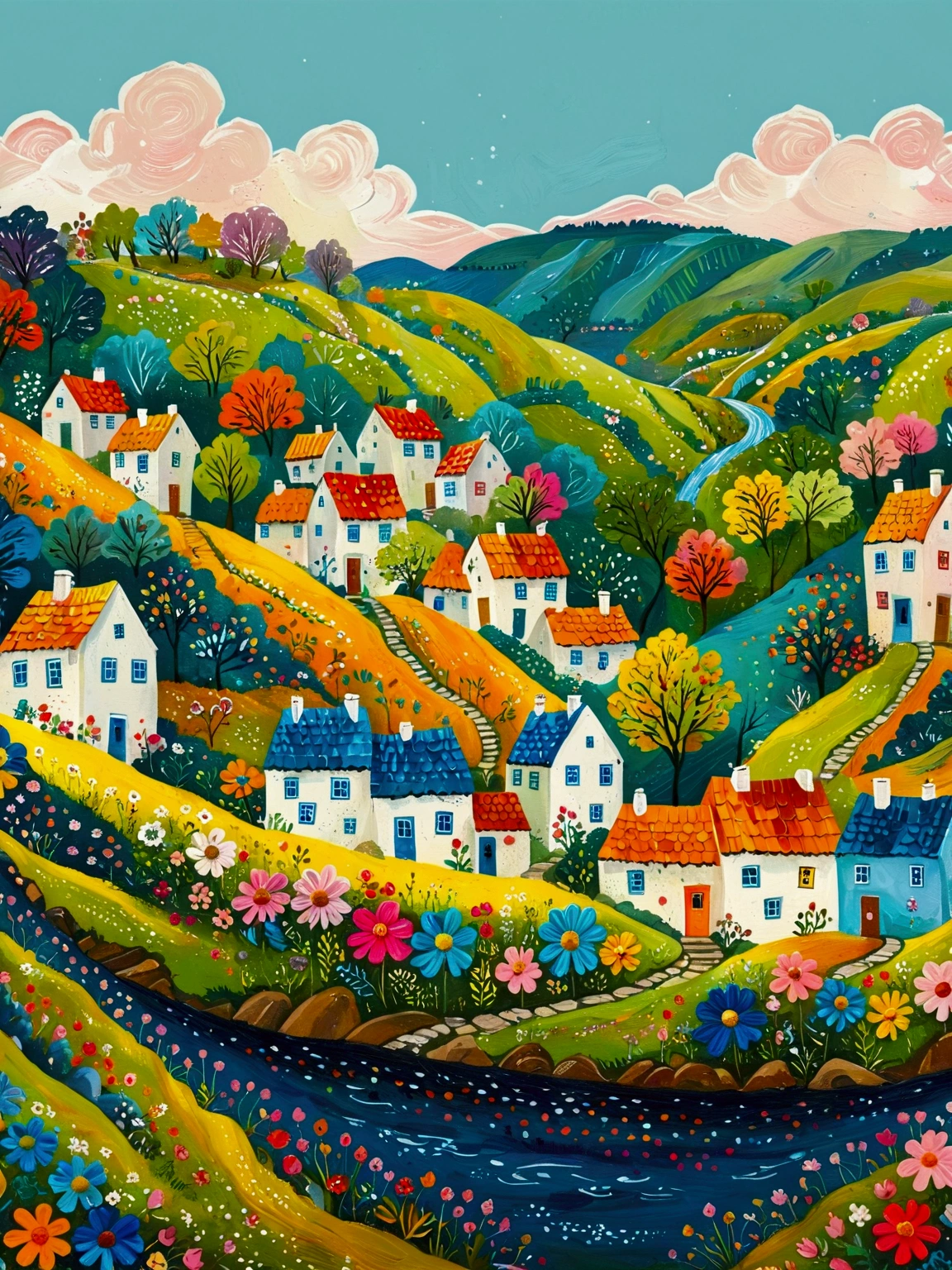 a painting of a village with a river and houses on a hill, a storybook illustration by Bohumil Kubista, featured on behance, naive art, colorful illustration, cottage town, colorfull illustration, colorful kids book illustration, editorial illustration colorful, countryside city scene, landscape illustration, vibrant gouache painting scenery, village in the woods